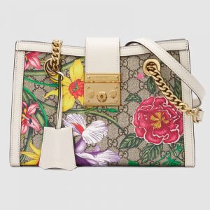 Gucci GG Women Padlock GG Flora Small Shoulder Bag in BeigeEbony GG Supreme Canvas