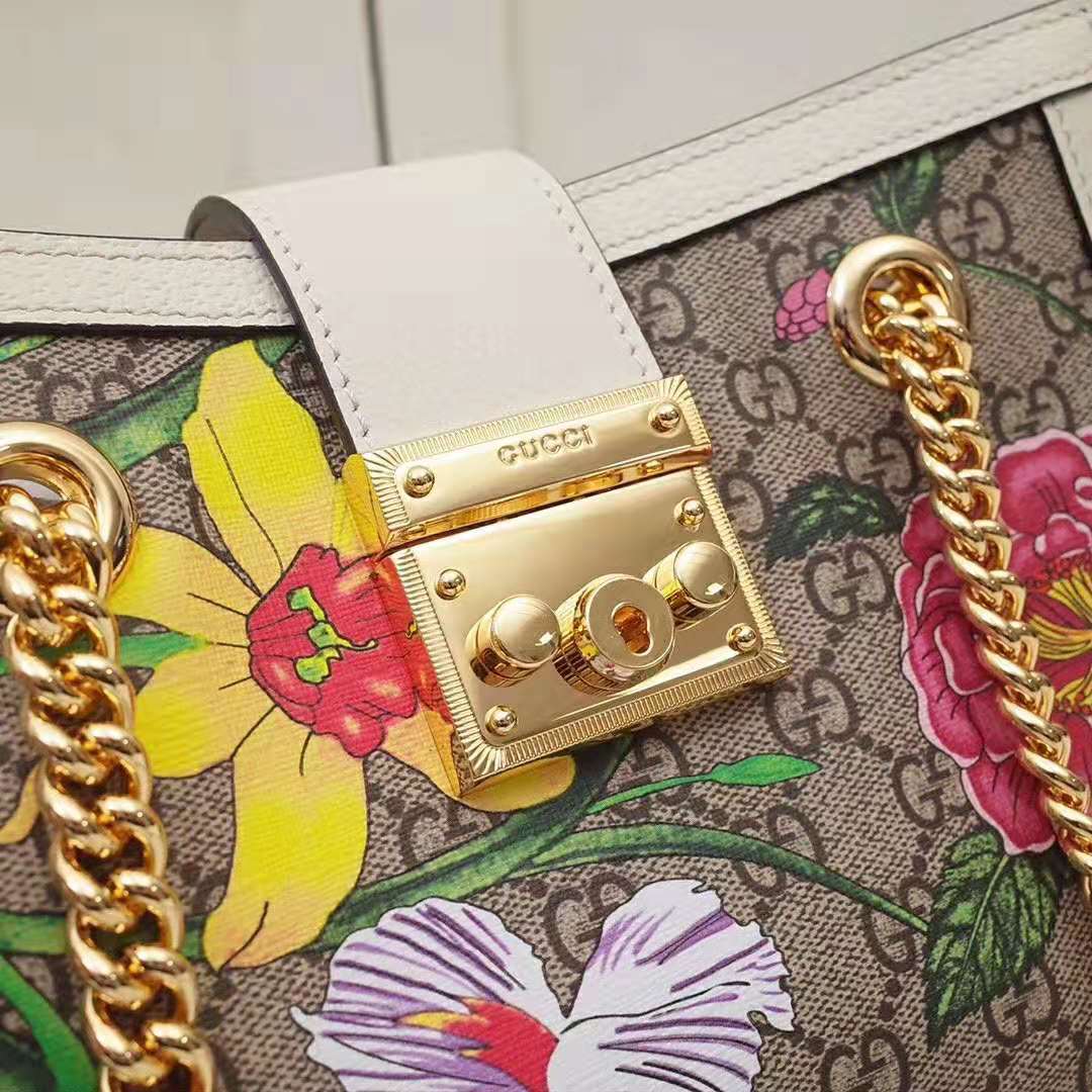 Gucci GG Women Padlock GG Flora Small Shoulder Bag in Beige Ebony GG Supreme Canvas LULUX