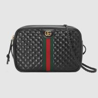Gucci GG Women Quilted Leather Small Shoulder Bag with Green and Red Web-White