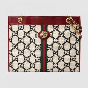 Gucci GG Women Rajah GG Tweed Large Tote in Cerise Leather Trim-White