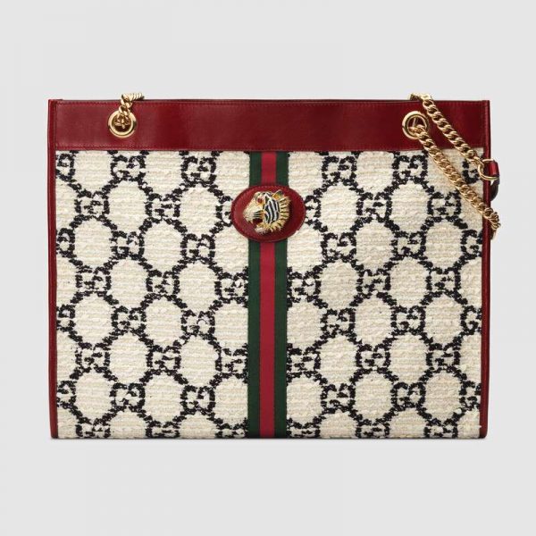 Gucci GG Women Rajah GG Tweed Large Tote in Cerise Leather Trim-White (5)