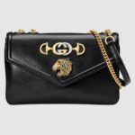 Gucci GG Women Rajah Medium Shoulder Bag in Leather with Tiger Head-Black