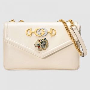 Gucci GG Women Rajah Medium Shoulder Bag in Leather with Tiger Head-White