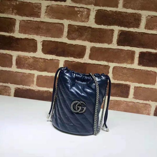 Gucci Women GG Marmont Mini Bucket Bag in Blue Diagonal Matelassé Leather (2)
