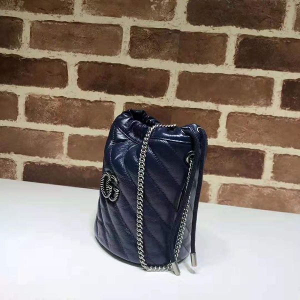 Gucci Women GG Marmont Mini Bucket Bag in Blue Diagonal Matelassé Leather (3)