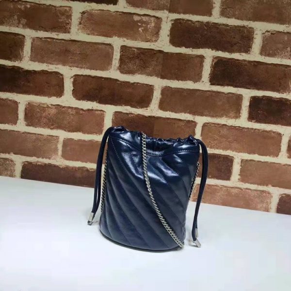 Gucci Women GG Marmont Mini Bucket Bag in Blue Diagonal Matelassé Leather (4)