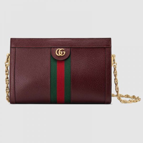 Gucci Women Ophidia Small Shoulder Bag in Leather Green and Red Web-Maroon (1)
