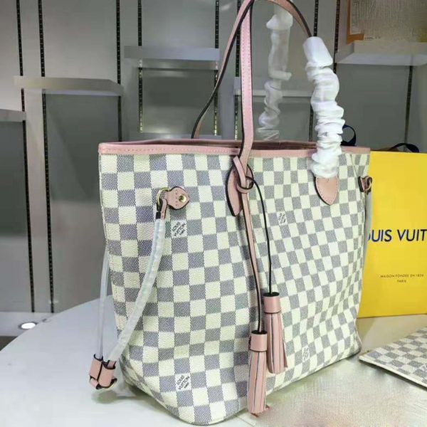 Louis Vuitton LV Women Neverfull MM Tote Bag in Damier Azur Canvas-Pink (3)