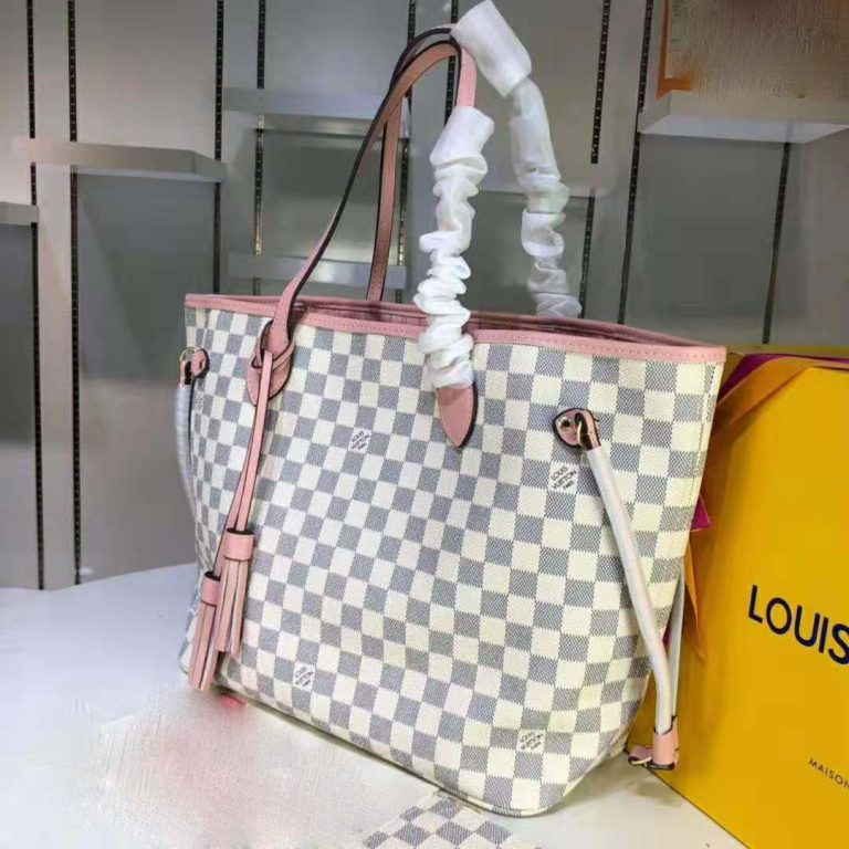 Louis Vuitton LV Women Neverfull MM Tote Bag in Damier Azur Canvas-Pink ...