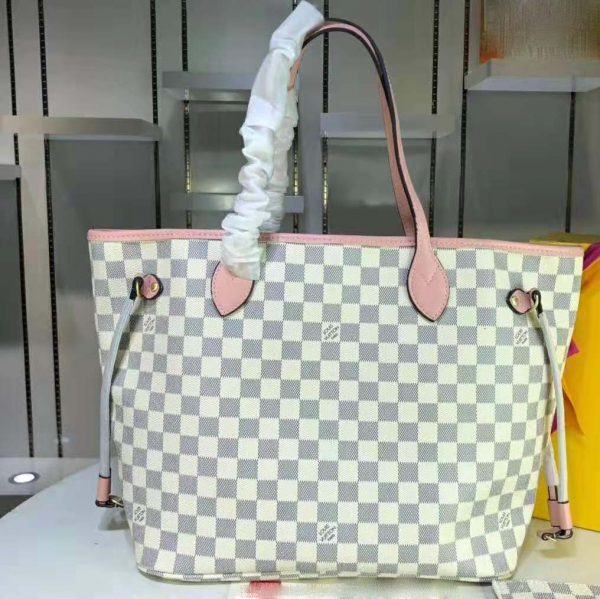 Louis Vuitton LV Women Neverfull MM Tote Bag in Damier Azur Canvas-Pink (5)