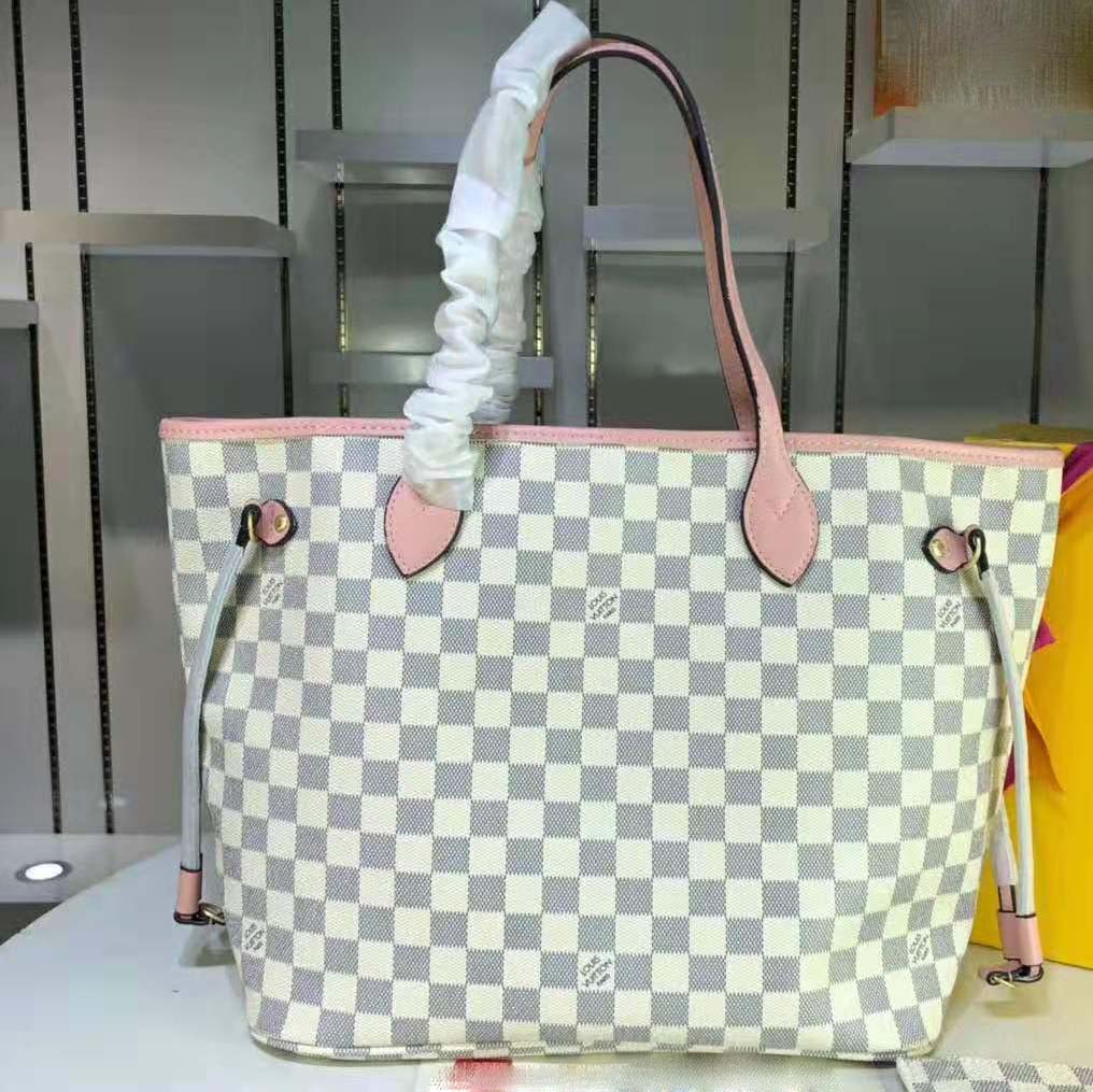 Louis Vuitton LV Women Neverfull MM Tote Bag in Damier Azur Canvas-Pink ...