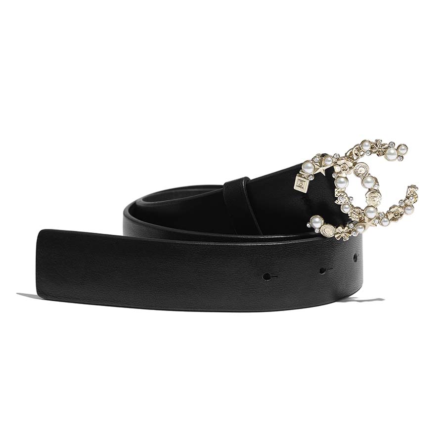 Chanel Women Calfskin Gold-Tone Metal Glass Pearls Strass & Resin Belt-Black  - LULUX