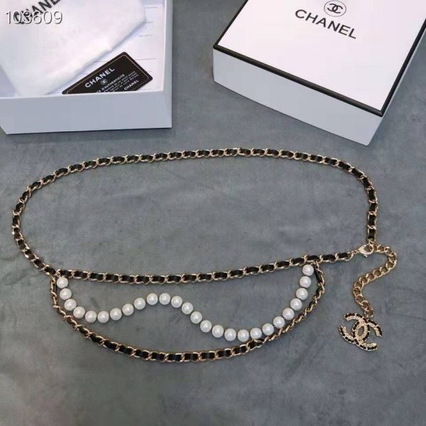 Chanel Women Metal Glass Pearls Lambskin & Strass Belt-Black (9)