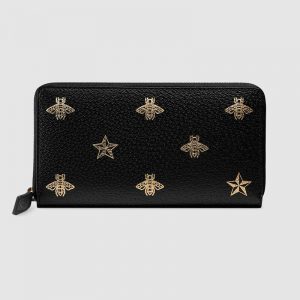 Gucci GG Unisex Bee Star Leather Zip Around Wallet in Black Metal-Free Tanned Leather