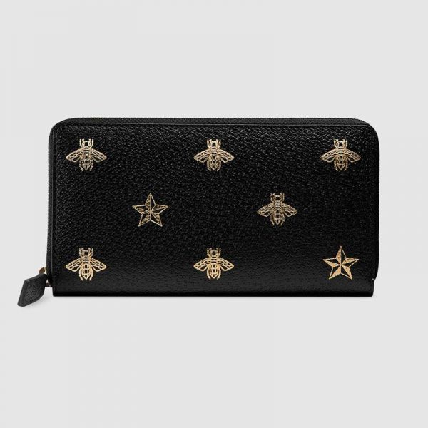 Gucci GG Unisex Bee Star Leather Zip Around Wallet in Black Metal-Free Tanned Leather