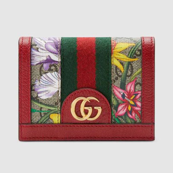 Gucci GG Women Ophidia GG Flora Card Case Wallet in GG Supreme Canvas-Red