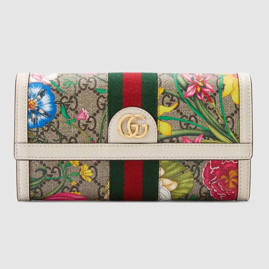 Gucci GG Women GG Flora Continental Wallet in Beige/Ebony GG Supreme -