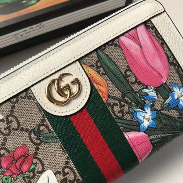Gucci GG Women Ophidia GG Flora Zip Around Wallet in BeigeEbony GG Supreme Canvas (10)