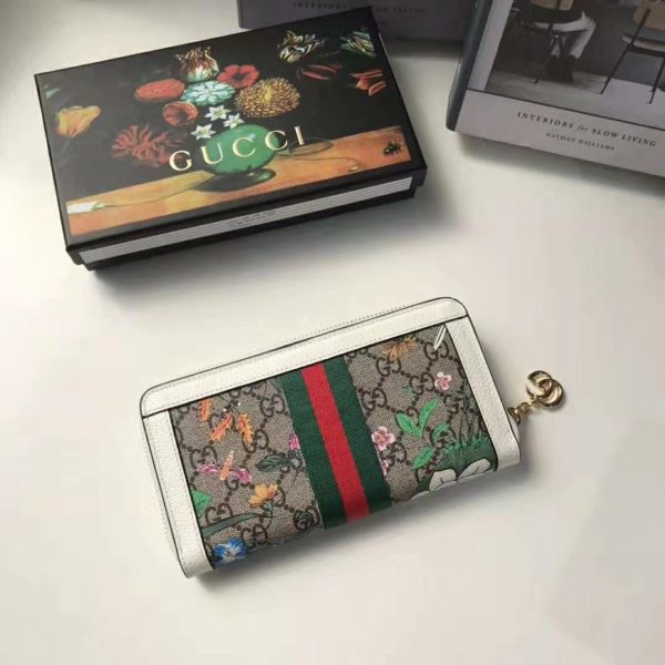 Gucci GG Women Ophidia GG Flora Zip Around Wallet in BeigeEbony GG Supreme Canvas (8)