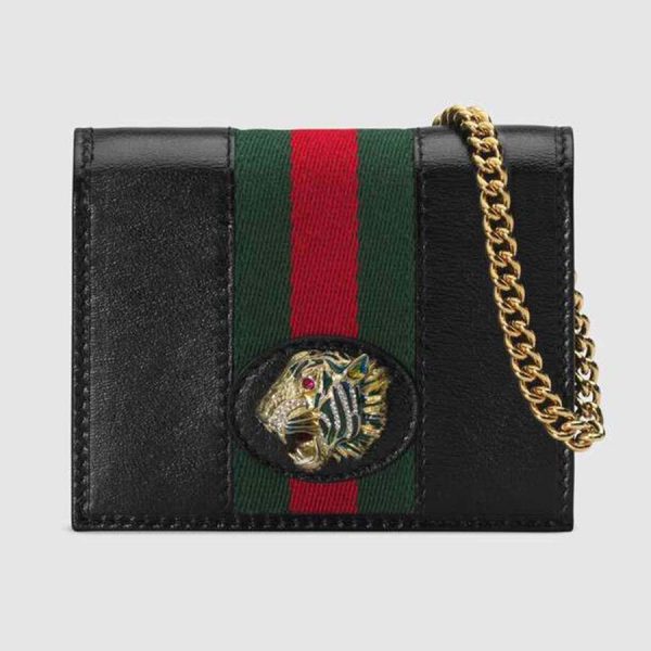 Gucci GG Women Rajah Chain Card Case Wallet Bag in Leather-Black