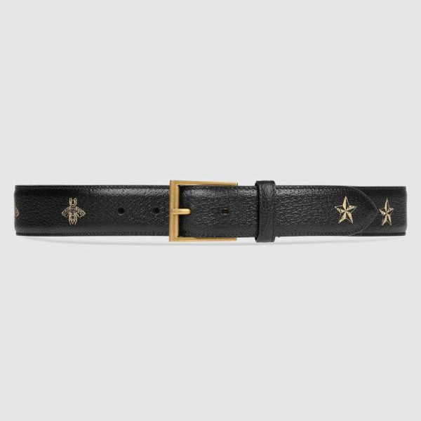 Gucci Unisex Belt with Bees and Stars Bet in Black Metal-Free Tanned Leather