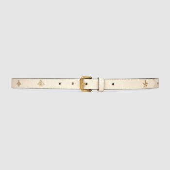 Gucci Unisex Belt with Bees and Stars Print in Leather-White