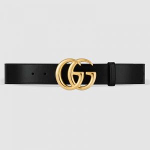 Gucci Unisex GG Marmont Leather Belt with Shiny Buckle in 3.8cm Width-Black