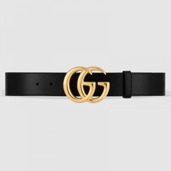 Gucci Unisex GG Marmont Leather Belt with Shiny Buckle in 3.8cm Width-Black