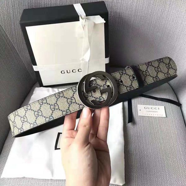 Gucci Unisex GG Supreme Belt with G Buckle in BeigeBlue GG Supreme Canvas (6)