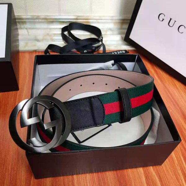 Gucci Unisex GG Web Belt with G Buckle in Green and Red Web - LULUX