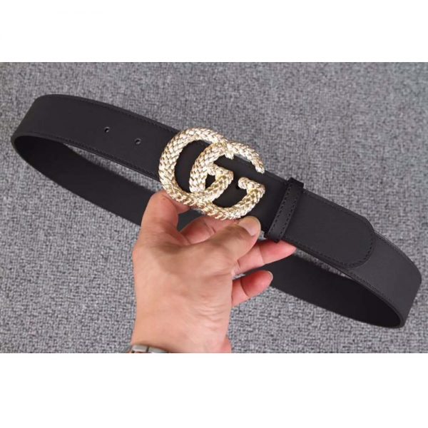 Gucci Unisex Gucci Belt with Textured Double G Buckle in Black Leather (4)