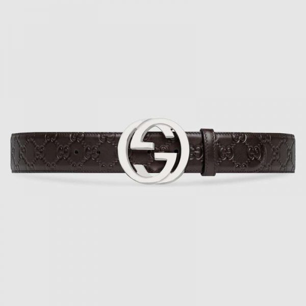 Gucci Unisex Gucci Signature Leather Belt with Interlocking G Buckle-Brown (1)