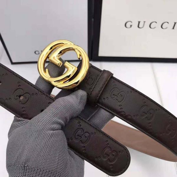 Gucci Unisex Gucci Signature Leather Belt with Interlocking G Buckle-Brown (2)