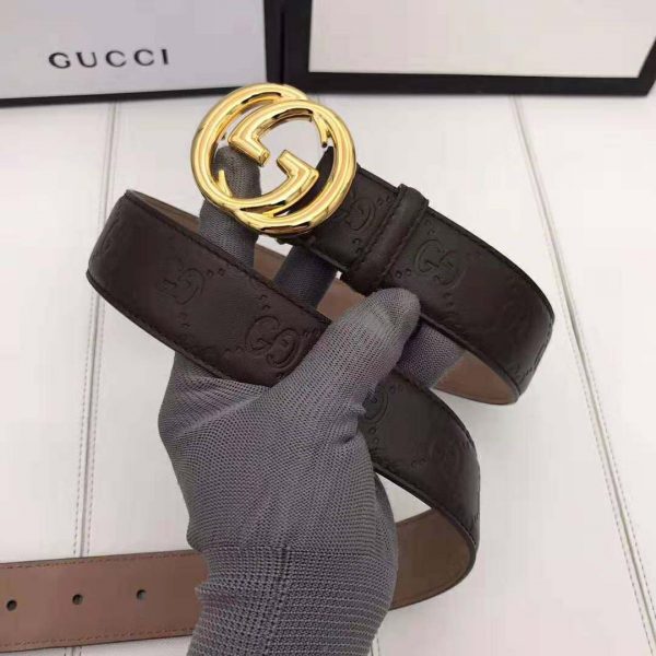 Gucci Unisex Gucci Signature Leather Belt with Interlocking G Buckle-Brown (3)