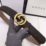 Gucci Unisex Gucci Signature Leather Belt with Interlocking G Buckle-Brown – Image 2