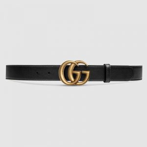 Gucci Unisex Leather Belt with Double G Buckle in 2.5cm Width-Black
