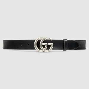 Gucci Unisex Leather Belt with Double G Buckle in 2.5cm Width-Black and Silver