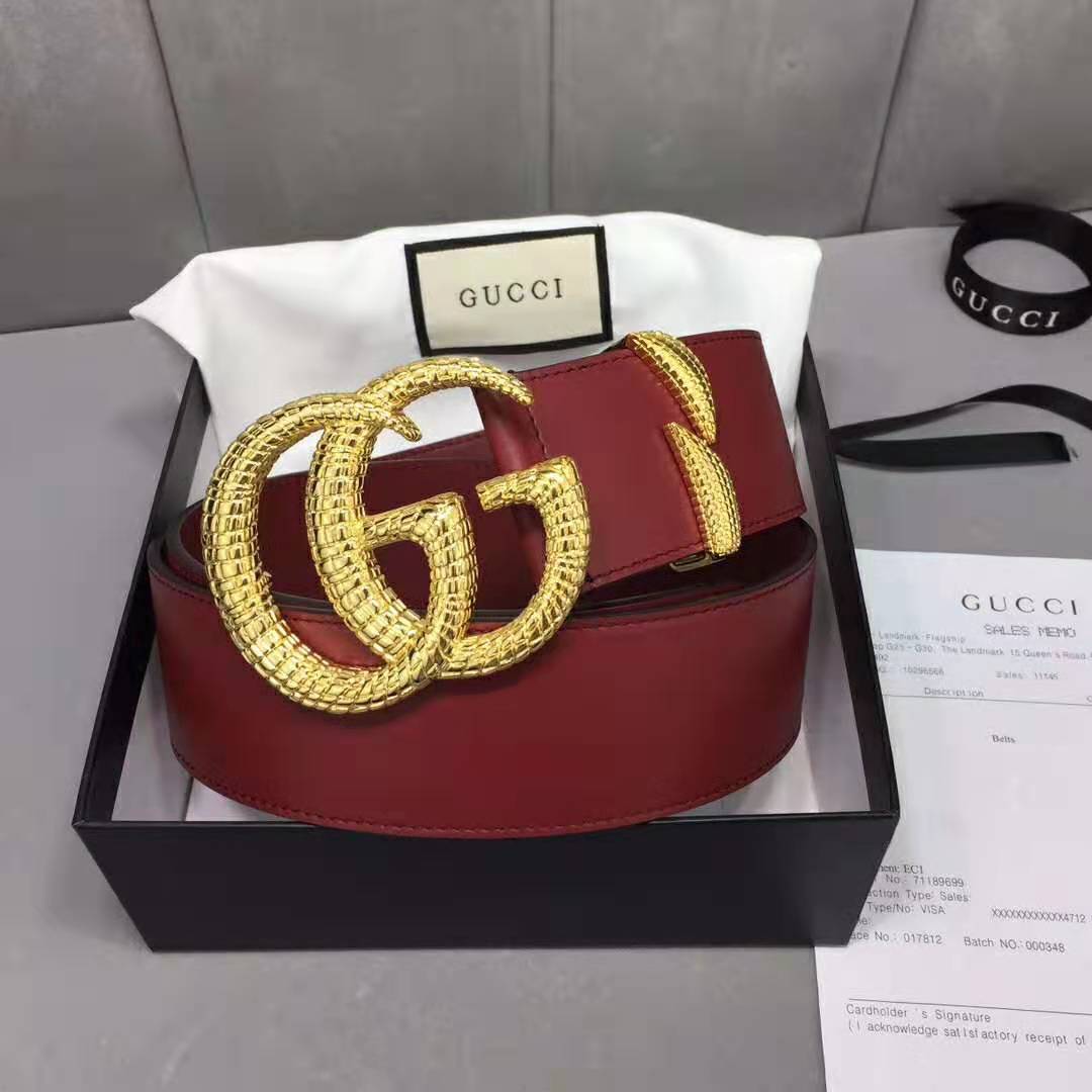 Gucci Unisex Leather Belt with Double G Buckle in Burgundy Leather - LULUX