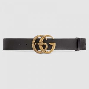 Gucci Unisex Leather Belt with Double G Buckle with Snake in Black Leather