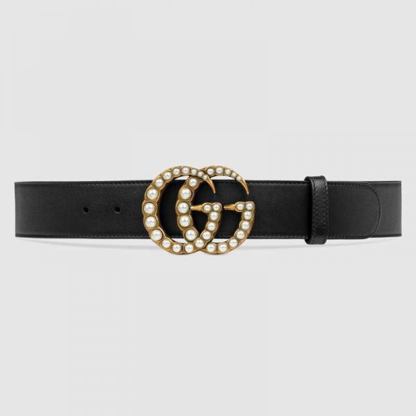 Gucci Unisex Leather Belt with Pearl Double G-Black (1)