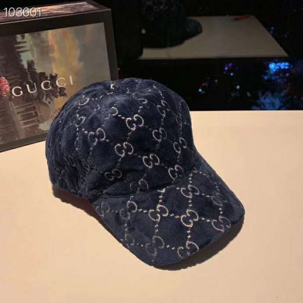 Gucci Unisex GG Velvet Baseball Cap Hat Blue Beige GG (2)