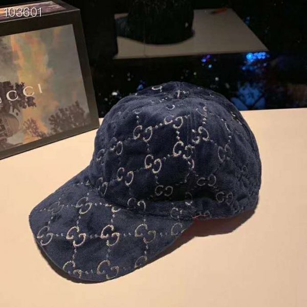Gucci Unisex GG Velvet Baseball Cap Hat Blue Beige GG (3)