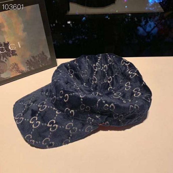 Gucci Unisex GG Velvet Baseball Cap Hat Blue Beige GG (9)