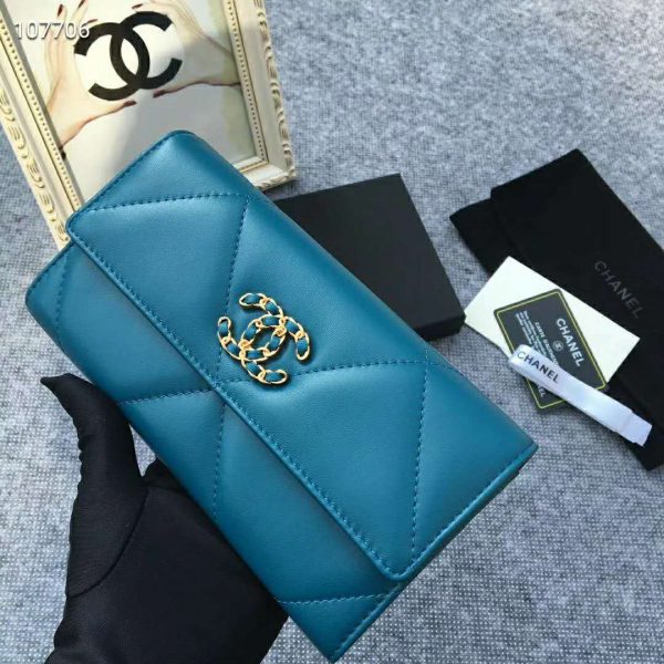 Chanel Women Chanel 19 Flap Wallet Shiny Lambskin Leather-Blue (2)