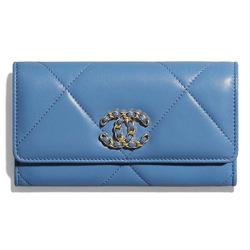 Chanel Women Chanel 19 Flap Wallet Shiny Lambskin Leather-Blue - LULUX