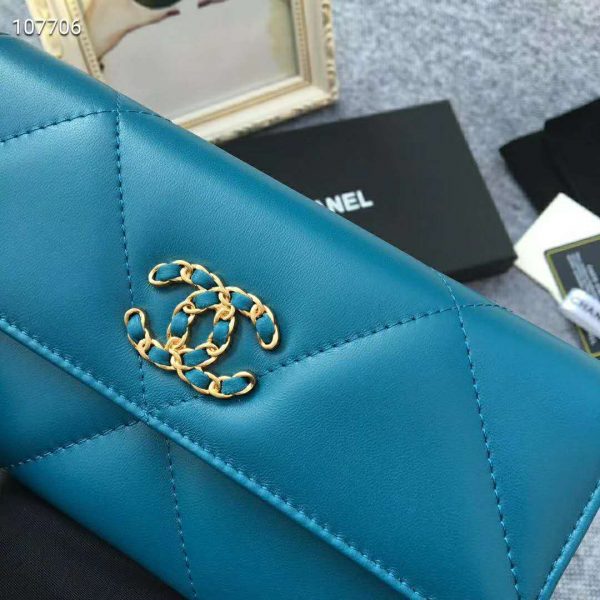 Chanel Women Chanel 19 Flap Wallet Shiny Lambskin Leather-Blue (7)
