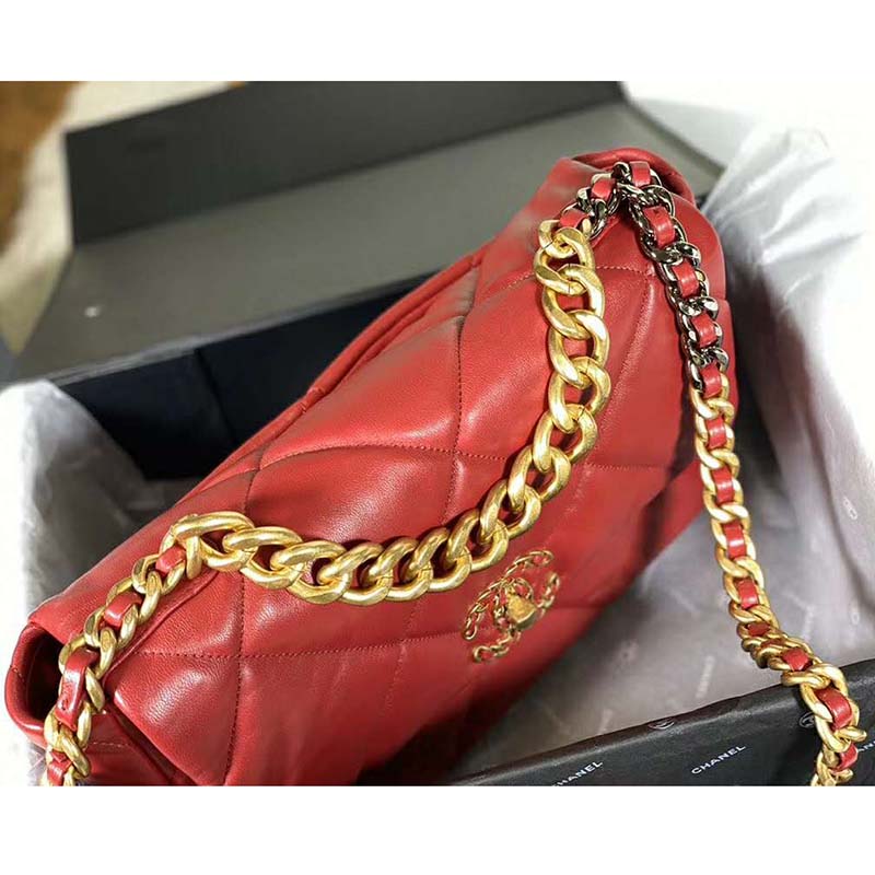 Chanel Women Chanel 19 Large Flap Bag Goatskin Leather-Red - LULUX