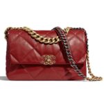 Bolso grande con solapa Chanel 19 para mujer, piel de cabra, color rojo