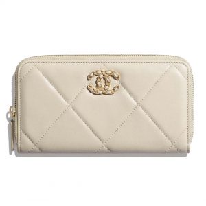 Chanel Women Chanel 19 Long Zipped Wallet Lambskin Leather-Beige