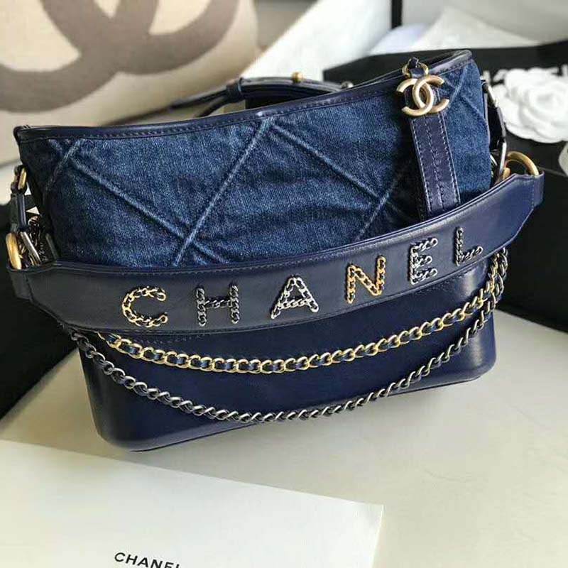 Chanel CC Lock Hobo Fringe Quilted Cotton Canvas Small Blue 858401